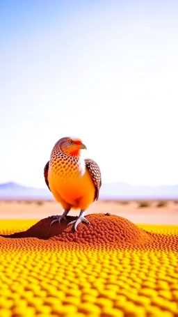 Giant egg resting on desert. Eagle eating from cracked egg