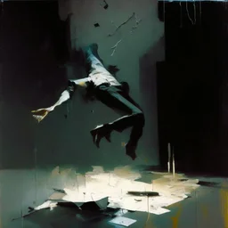 Minimal abstract oil paintings falling person limbs sinew and concrete fragments illuminated at night style of Justin Mortimer and Phil Hale