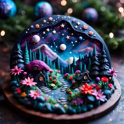 Detailed cozy landscape made of modeling clay, naïve, Tim Burton, flowers, stars and planets, Harry Potter, strong texture, extreme detail, decal, rich moody colors, sparkles, clean, bokeh, odd