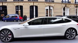 A Tesla's 'Model S Plaid' is parked, at the 'Sacre Coeur', in Paris. CINEMATIC. WIDE ANGLE LENS. PHOTO REAL.
