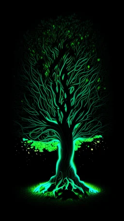 Stunning illustration of tree, glowing in the dark with LightGreen neon light, centered on a black background, in the style of pop surrealist artist, fine art, illustration