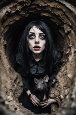 Closeup tall Girl goth with big eyes, hug for a rat, inside claustrophobic, ragged clothes, fullbody, the perspective looking up from the bottom of an empty well , 8k,macro photography,