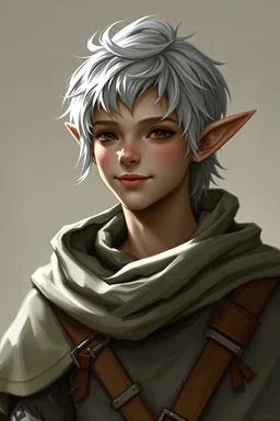 DND cloaked young male elf ranger gray skin short silver hair warm smile