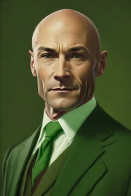 realistic Portrait of a man in his late forties. He wears a brown suit and a green tie and he is bald. he looks like a politcian