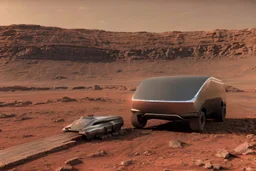 A Tesla 'Semi' (semi truck) is parked, at the Cydonia region on Mars. (CINEMATIC, WIDE ANGLE LENS, PHOTO REAL)