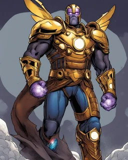 An armor made of a mixture of steel and leather, worn by a strong commander with magical power infinity gauntlet has six infinity stones And two big wings on his back