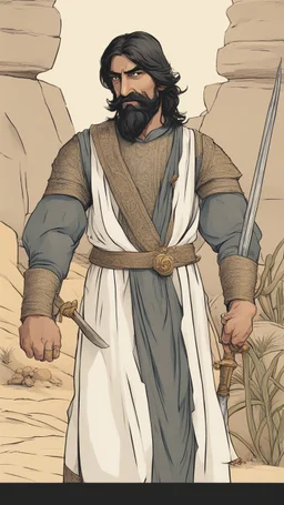 A scene in the desert of a Muslim knight from the era of his companions, the Prophet. He is tall, strong in build, and has a cheerful face. He has long black hair, black eyes, and a thick mustache. He has a bow in his hand