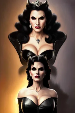 painting of lisa ann as evil queen in black leather, feminie, angry, stern look on her face, volouptous, busty, cleavage, emperious, mature, highly detailed, digital painting, artstation, concept art, smooth, sharp focus, illustration, art by gaston bussiere and alphonse mucha