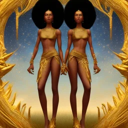 Female angelic African American Twins, black skin, tall and slender, long afro kinky hair,big brown eyes, long eyelashes warrior wear. Big butts. Gold accents on clothing. Surround by trees. Holding golden spears. Starry night