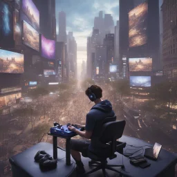 photorealistic trans playing video games on en enormous gaming set up in a middle of a city