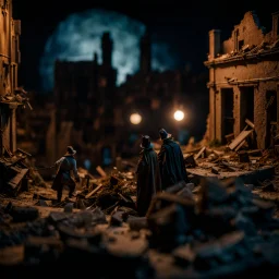 Close-up of ultra realistic ruined city, after a war, vivid, ultra realistic, Hieronymus Bosch, hypermaximalist figures, light, Italian 1970's odd movie, hilarious, fine art, Minicavio Quollati style, photography by Marlost Endgulp, dark atmosphere, obsessive, 4k, sharp focus, 3d, photorealism