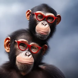 a crazy chimp in eyeglasses stands on a mountain, realistic, midjourney, dramatic light, close up, smoky background, cinematic