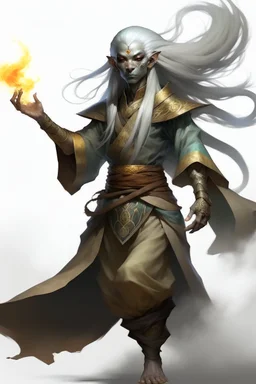 Air genasi from dnd with ashesen skin and asian flowing hair herematerial smoke Monk attire with ash giant