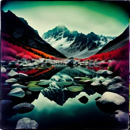 Sublime foto close-up polaroid ad alta definizione di una montagna rocciosa, un lago, surreale, colors, , collage art, dadaism, sublime, splimapys nero, cielo nero, acqua nera riflette un sole nero, macabre piante circondano il lago, alghe, hypermaximalist, Max Ernst style, strangeness, intricate, hypnotic, obsessive, 8k, deep 3d field, very accentuated details of the rocks and shtn, eerie, artistic photo, shot on Hasselblad, large format film, medium format film