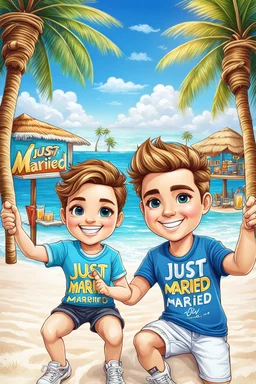 close up a cute chibi young couple in compatible, identical t-shirts that read text:"Just Married!" in colorful letters. funny couple taking a selfie on a beautiful beach, blue sky, white sand, in the distance a Mediterranean bar , next to a palm tree, happy day, detailed, high quality, hyperrealistic, masterpiece intricate details, HDR, beautifully shot, sharp focus, 64 megapixels, perfect composition