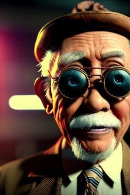 Portrait cabaret scene, steampunk. old Asian man and little monkey, Sunglasses, smoking, happy, hot. Many people background, highly detailed, concept art, unreal engine 5, god rays, ray tracing, RTX, lumen lighting, ultra detail, volumetric lighting, 3d, finely drawn, high definition, high resolution.