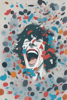 A Hedof illustration style. The center of the illustration contains an open mouth (without a face) on a white background (like the one from the Rolling Stones) and there is people and confetti coming out of it like they are having fun