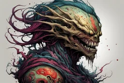 highly detailed full color, concept illustration of an ancient shape shifting anti heroine character , maximalist, sharp focus, highest resolution, in the styles of Alex Pardee, Denis Forkas , and Masahiro Ito, boldly inked, 8k, coarse, gritty textures