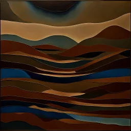 The abstract painting of a surreal, dreamlike landscape, which evokes a sense of mystery and introspection. The composition is divided into clear horizontal strips, each with its own textures, colors and shapes. At the bottom, undulating layers of earth tones and blues create a sense of depth and movement, reminiscent of a fragile body of water or a layered geological formation. This grounding base anchors the more ethereal elements above. From this base rises a lone, bare tree shown in silhou