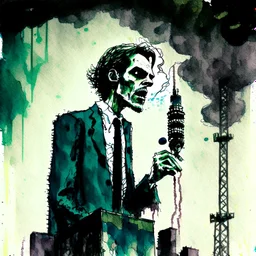 Profound watercolor and pen illustration, medium brush strokes, double exposure of gritty spooky bushy wild dark-haired shabbily dressed male zombie radio broadcaster speaking into an old-time radio microphone, sinister, looming radio station tower "WXXT 87.9" broadcasting ethereal blasphemies, Dramatic, creepy, deep colors, oddball masterpiece, sfumato, complex contrast, dynamic composition, grand design, zombiecore