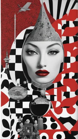 surreal collage art crafted from vintage persian magazines poster Novell , art composition by kusama, sci-fi elements , Alice's Wonderland, black and white and deep red