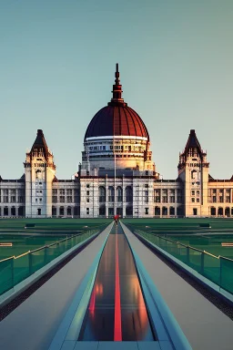 Huge parliament building with classical and modern architechture mixed