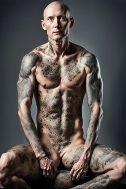 a full body display of a beautiful man with cancer, his skin composed of cancer shaped cells, they cover his entire body like a tattoo, symbolic for wearing his illness on the outside, no hair, in a dramatic pose in a photo studio, he sits with his face slightly hidden as he is shamed, lighting with focus on skin, ultra photo realistic, 32k, highly detailed,. selective colors