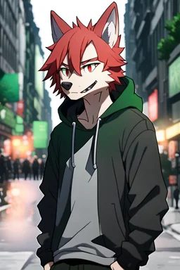 [Waterscape] In anime, an anthropomorphic male character with gray fur, red-and-green-haired, light-skinned, green-eyed, wolf ears, whiskers, a black hoodie, and black pants, is on the street in the massive capital. [8K resolution, high quality, ultra graphic, and detailed with lines.]