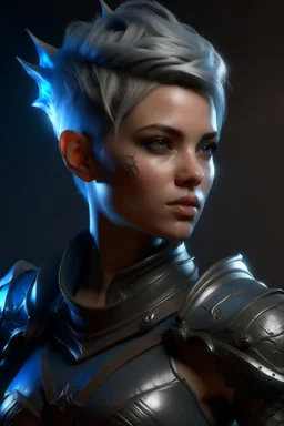 create a female air genasi from dungeons and dragons, dark gray short hair, undercut, light blue eyes, wind like hair, wearing hot leather clothing that also looks studded, realistic, digital art, high resolution, strong lighting