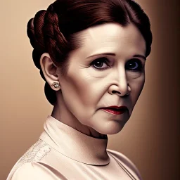 half-length color photo shoot, three-quarter face pose of carrie fisher as Princess Leia with realistic fine and very simple short hair, entrancing deep brown eyes, Intricate, High Detail, Sharp focus, realism, beautiful and detailed lighting, Nikon D850, ef 85mm 5.6 by Annie Leibovitz