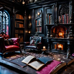 Detailed creepy living-room made of modeling clay, books, furniture, haunted, very accentuated details, Tim Burton, Harry Potter, strong texture, extreme detail, Max Ernst, decal, rich moody colors, sparkles, Yves Tanguy, bokeh, odd