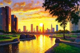 sunset, buildings, lake, rocks, city, park, trees, cyberpunk, sci-fi, claude monet impressionism paintings