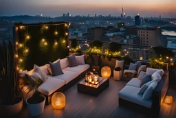 middle shot from a Roof terrace with sofas, poof and a small table and potted plants. The area is lit by string lights, cozy atmosphere. A beauty lady is sitting on the sofa in a nice shiny dress and enjoying the evening atmosphere. the illuminated terrace and the view of the big city in the background makes this environment relaxing and spectacular. high detalied, cinematic