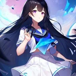 Clear focus, High resolution, Black long fluffy hair, purple eyes, wearing a sailor uniform, shattered rainbow in triagle formation, blue top, white skirt