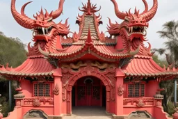 A pale red fortress with dragon horns designed in African masks painted by Qiu Ying