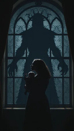 create a sad woman holding her baby protecting him from a big shadow of unknown creature standing behind a big window in the dark a woman is from the royal treasury in dark shades (brown, blue)