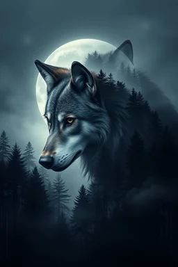 double exposure stunning woman-wolf hybrid portait, forest, moon, smoke, ultra-high detailed, deep dark colors, dark fantasy, intricate detail, cinematic, masterpiece, sharp focus, dark ethereal fantasy, hyperdetailed, atmospheric , dark surreal fantasy