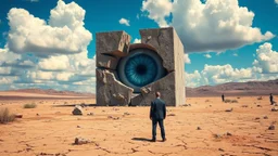 A surreal landscape features a colossal, cracked cube with a giant, realistic blue eye embedded in its center. The cube appears to be made of stone and concrete, with pieces broken off to reveal the eye. In the foreground, a man in a suit stands facing the cube, while in the background, two other figures are visible in the distance. The ground is dry and cracked, with scattered rocks and sparse vegetation. The sky is a vibrant blue with fluffy white clouds. The overall mood is one of mystery and