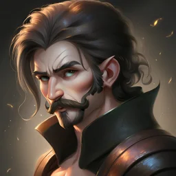 an archfey with long ears, beard with a fine mustache and sharp eyes