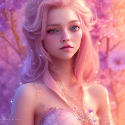 fairy, smiling, pink, blonde hair, beautiful, whole face, hyperrealism, masterpiece, expert, cinematic lighting, sharp focus, 8K, pastel, macro lens, woman, detailed, flower