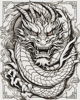 Outline art for Chinese Dragon coloring pages, white background, Classic Chinese art style, full Dragon body, perfect hands with five fingers , only use outline, clean line art, white background, no shadows and clear and well outlined, and bold Chinese art aesthetics, framing centered in the center, distanced from the edges of the paper perimeter, perfect anatomy, bauhaus, Divine Proportion