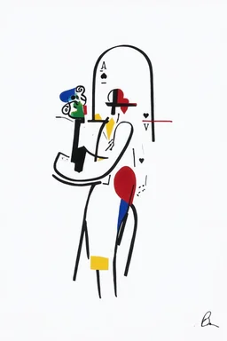 Reprezentare grafica minimal art a unei compozitii de arta moderna figurativa reprezentand "jucatorul de carti" cu multe detalii, formalizata dupa modelul mixat a lui Dali cu Picasso în stilul combinat acuarelei moale a lui Joan Miro si cu filigran lineart minimal a lui Jean Cocteau cu Paleta de culori impresionista cu culori putine si tari. Fond alb si linii color subtiri si paralele cu umbre de hasuri