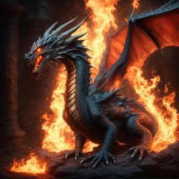 photorealistic final render of an epic full body of a dragon spirit in fire, chiaroscuro, glitter, 16k resolution photorealistic, gorgeous eyes, masterpiece, breathtaking intricate details, realistic and lifelike cgi diorama, dramatic natural lighting, reflective catchlights, high quality CGI VFX fine art