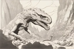 Inking art, Jean Giraud Moebius, John Romita, Alex Raymond, John Buscema, An alien beast that looks like a cross between an dinosaur and snake, and a mantis.