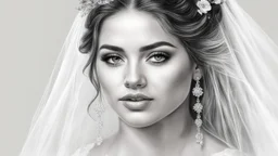 white background, bride, black and white pencil drawing, 3d, 64k, high resolution, high detail, computer graphics, hyperrealism, f/16, 1/300 sec. digital painting, double exposure,