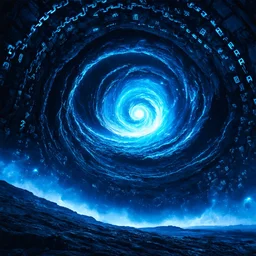 “Blue storm swirling over a giant chain-link portal, glowing runes on digital stone, epic celestial backdrop”