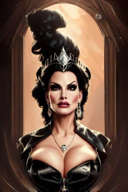 painting of lisa ann as evil queen in black leather gown, feminie, angry, stern look on her face, volouptous, busty, cleavage, emperious, mature, highly detailed, digital painting, artstation, concept art, smooth, sharp focus, illustration, art by gaston bussiere and alphonse mucha