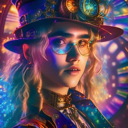 psychedelic colors, Suki Waterhouse as a steampunk character in a psychedelic dream, mystic scene with scientific detail, magic royalistic backlight, Dynamic lighting, sharp focus, expensive. 35mm professional lighting, intricately detailed, volumetric