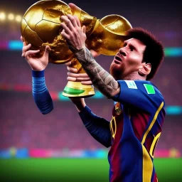 lionel messi crying and swallowing the world cup trophy, unreal engine 5.1, ultra high resolution, photorealistic, ultra high detail, octane render, creepy