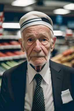 Un retrato de un anciano con corbata y un pañuelo en la cabeza en un supermercado